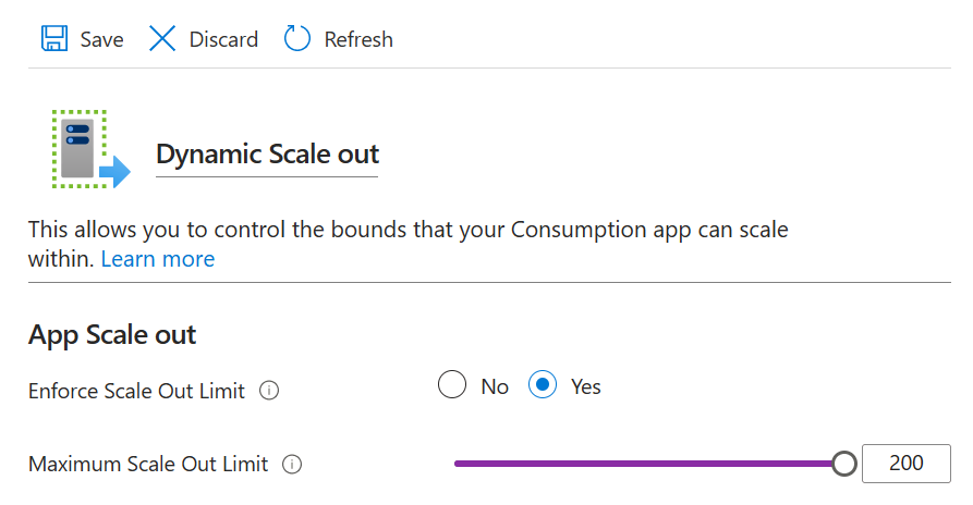 Azure Function App "Scale Out" settings panel, showing "Enforce Scale Out Limit" set to "Yes" and the "Maximum Scale Out" limit set to 200.